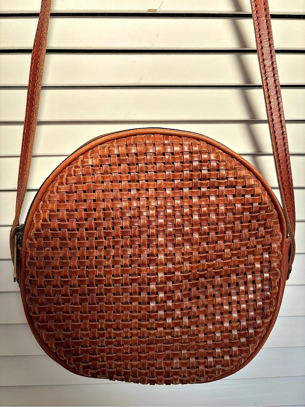 Patricia Nash Scafati Canteen Crossbody Leather Bag in Brown Woven Leather
